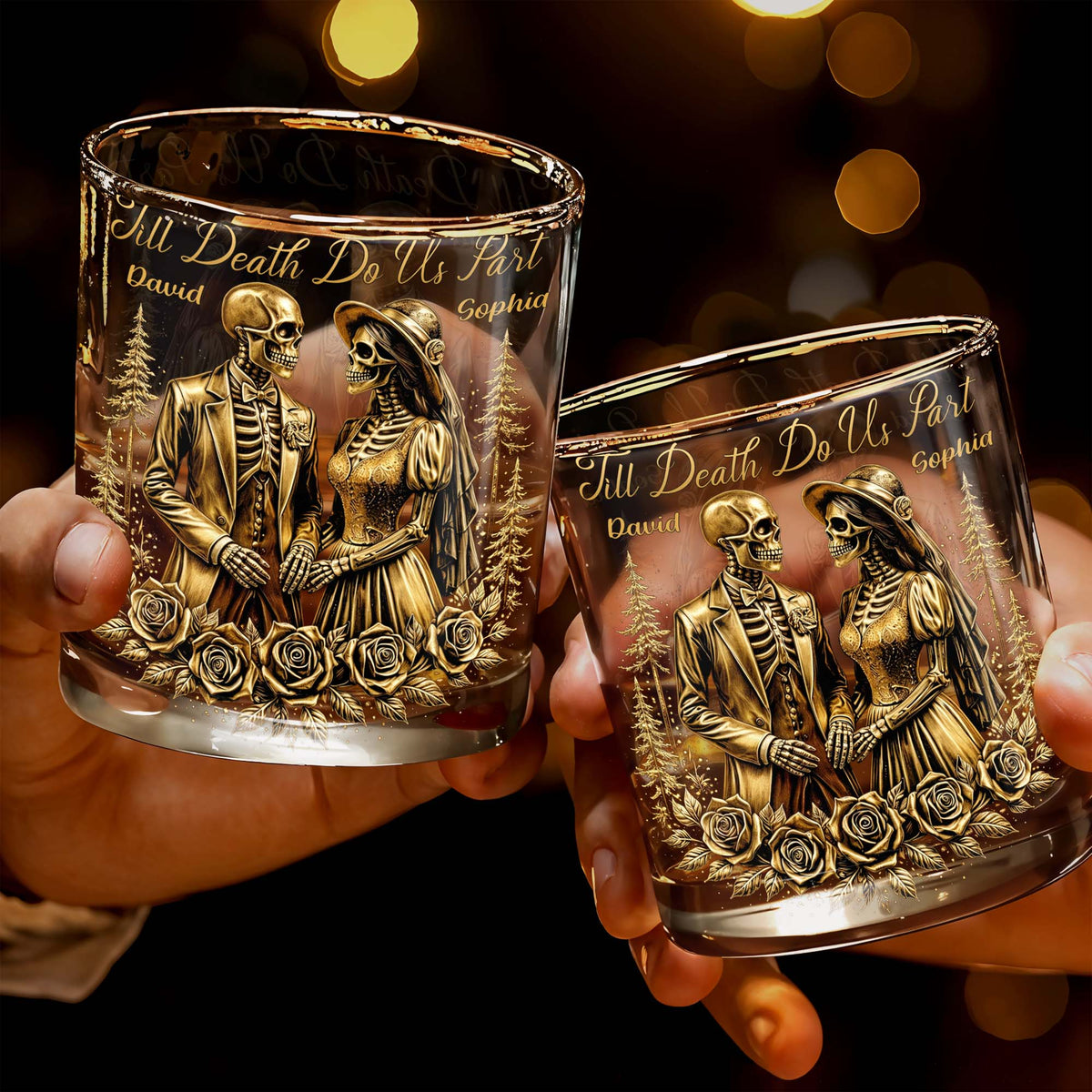 Till Death Do Us Part With Skeleton Couple And Roses, Custom Whiskey Glass, Gift For Spouse