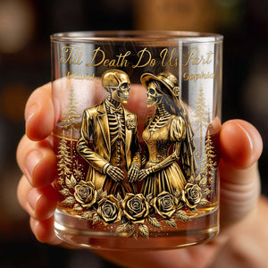 Till Death Do Us Part With Skeleton Couple And Roses, Custom Whiskey Glass, Gift For Spouse