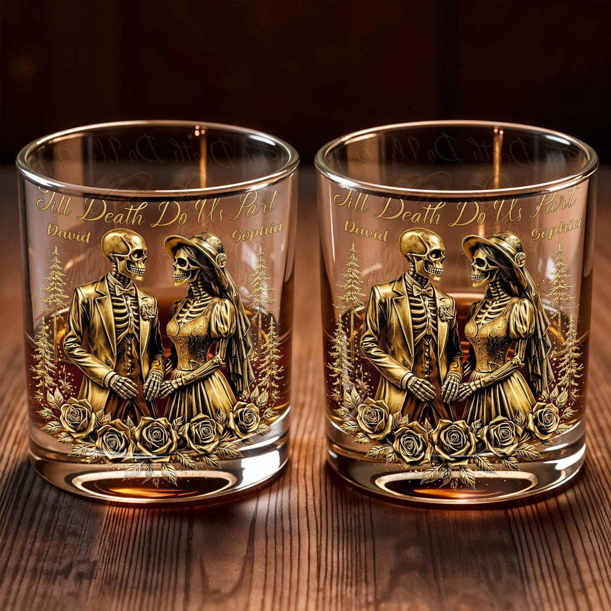 Till Death Do Us Part With Skeleton Couple And Roses, Custom Whiskey Glass, Gift For Spouse