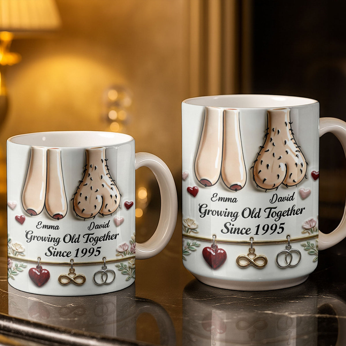 Growing Old Together With Hearts And Symbols,Coffee Mug,Gift For Couples