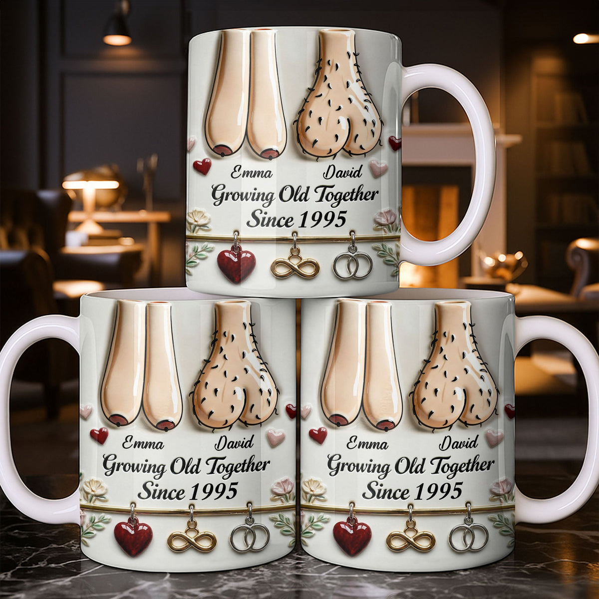 Growing Old Together With Hearts And Symbols,Coffee Mug,Gift For Couples