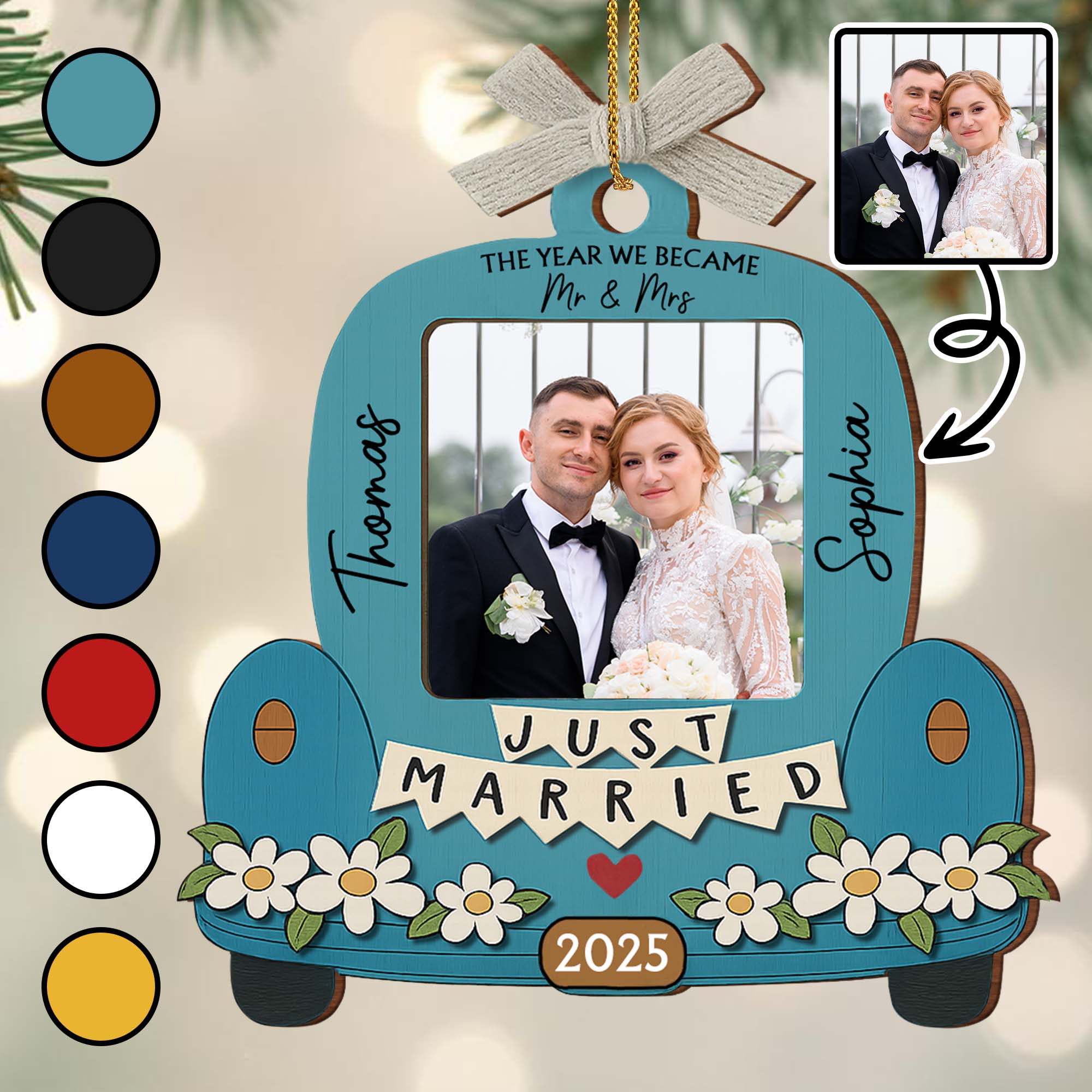 Just Married, Car And Flowers Design, Custom Wood Ornament, Gift For Newlyweds Christmas Gift For Couple Anniversary Gift Wedding Gift