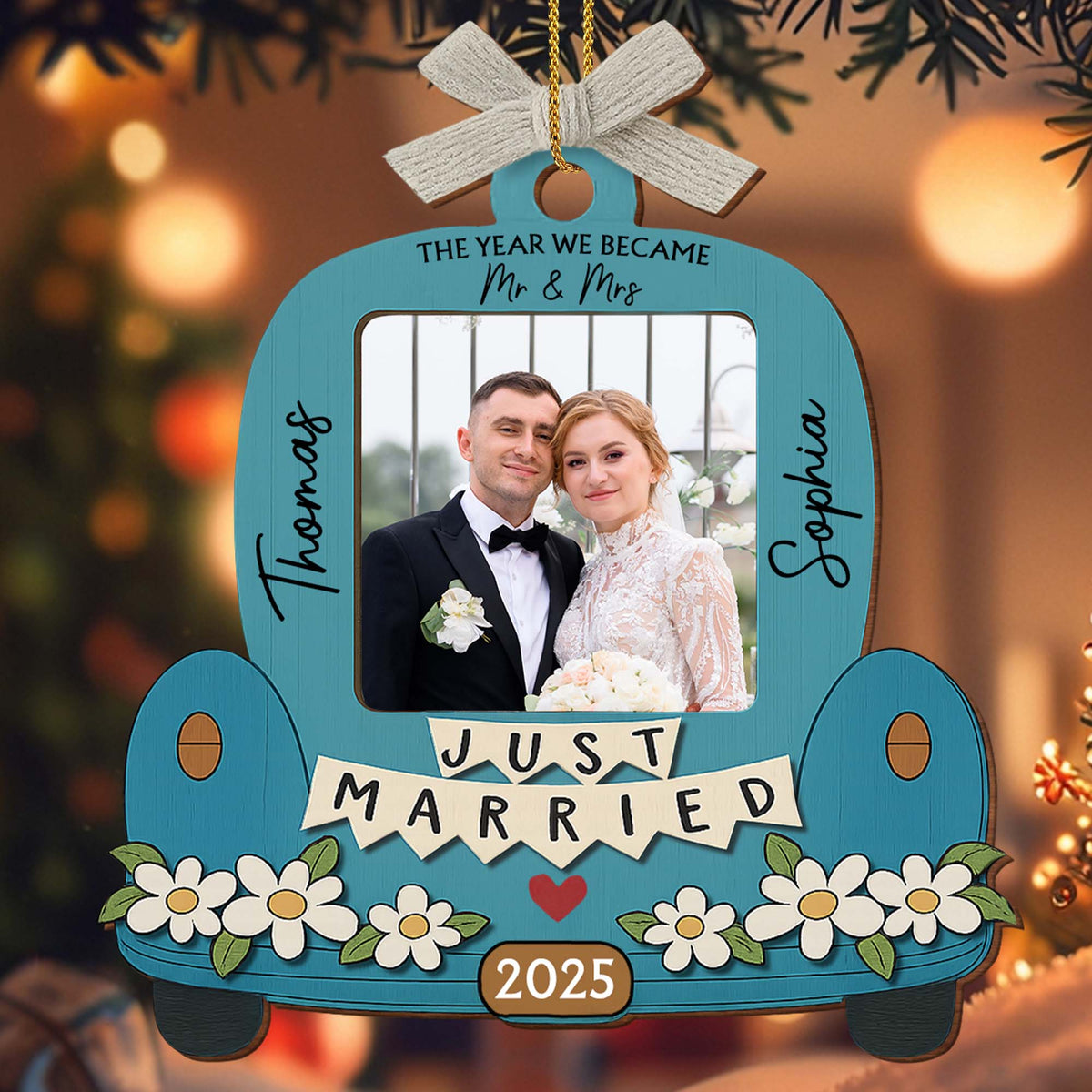 Just Married, Car And Flowers Design, Custom Wood Ornament, Gift For Newlyweds Christmas Gift For Couple Anniversary Gift Wedding Gift