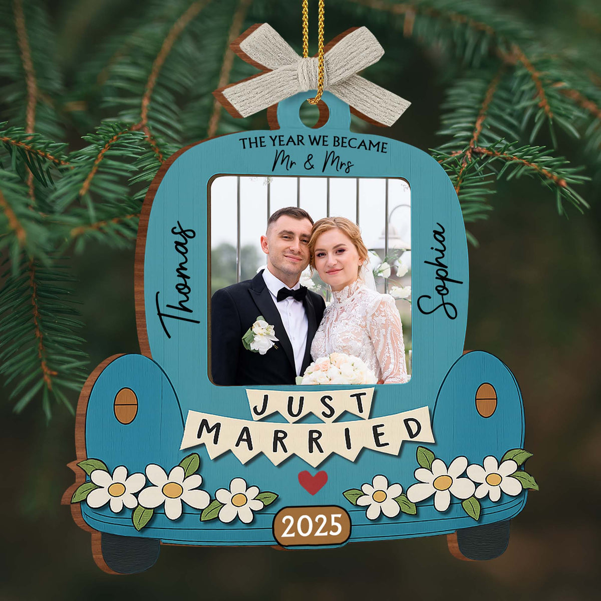 Just Married, Car And Flowers Design, Custom Wood Ornament, Gift For Newlyweds Christmas Gift For Couple Anniversary Gift Wedding Gift