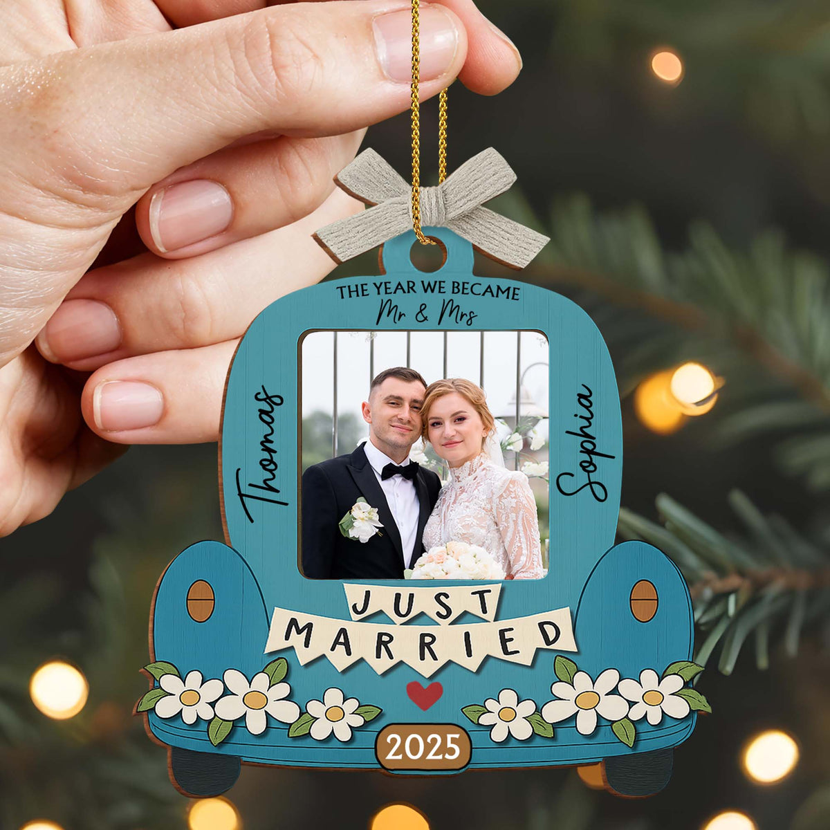 Just Married, Car And Flowers Design, Custom Wood Ornament, Gift For Newlyweds Christmas Gift For Couple Anniversary Gift Wedding Gift