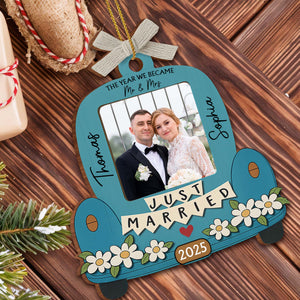 Just Married, Car And Flowers Design, Custom Wood Ornament, Gift For Newlyweds Christmas Gift For Couple Anniversary Gift Wedding Gift