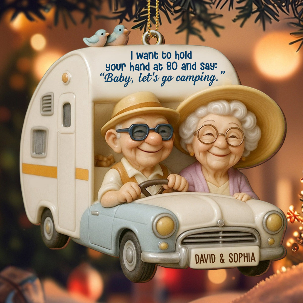 Hold Your Hand At 80, Baby Let s Go Camping, Custom Wood Ornament, Gift For Elderly Couples A