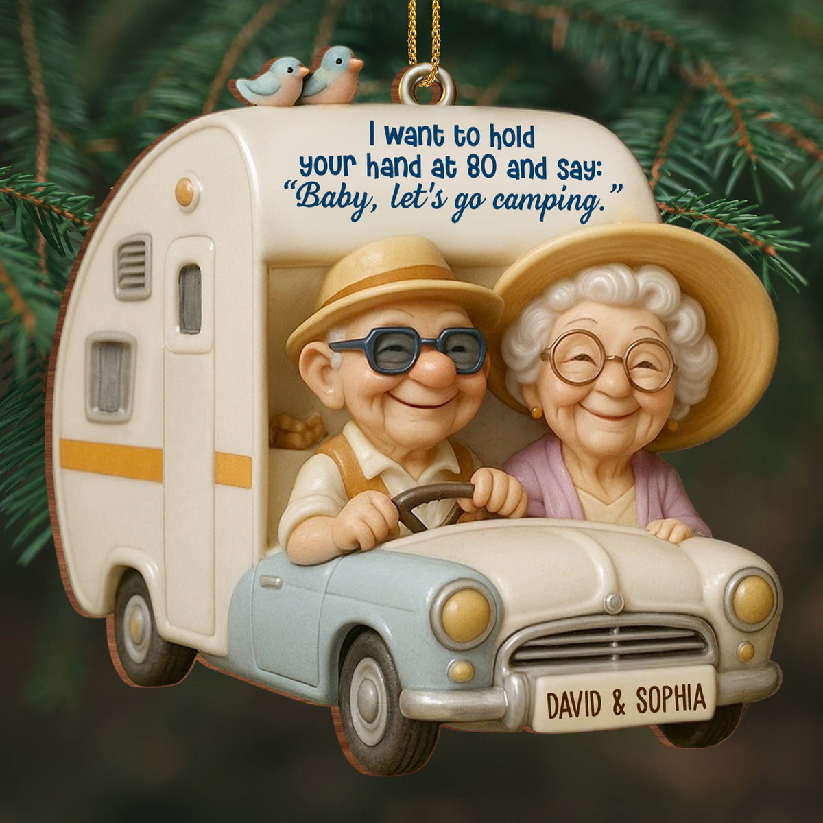Hold Your Hand At 80, Baby Let s Go Camping, Custom Wood Ornament, Gift For Elderly Couples A
