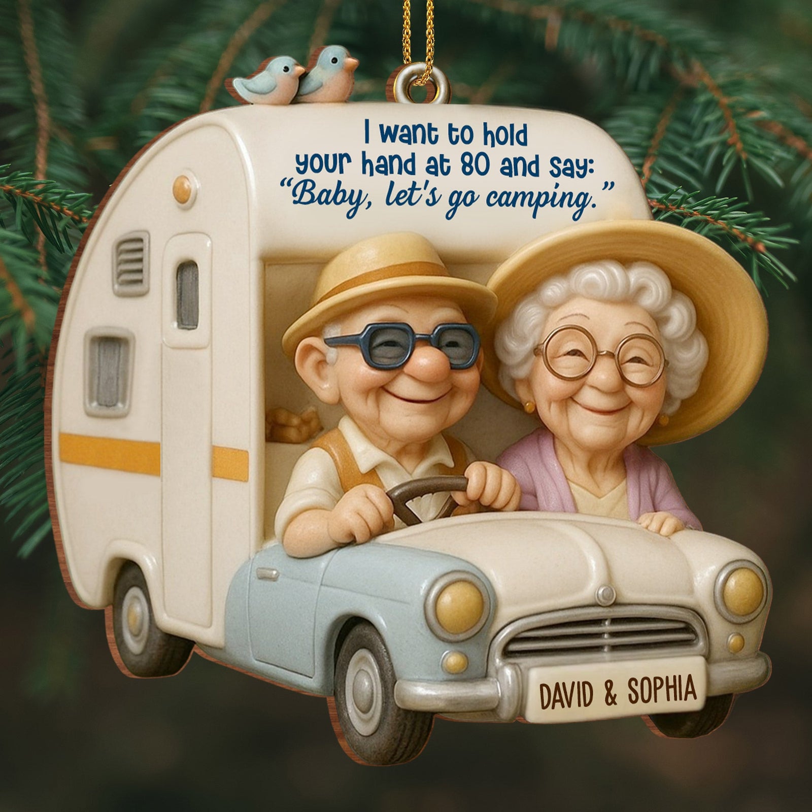 Hold Your Hand At 80, Baby Let s Go Camping, Custom Wood Ornament, Gift For Elderly Couples A