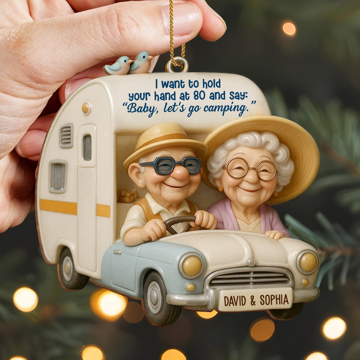 Hold Your Hand At 80, Baby Let s Go Camping, Custom Wood Ornament, Gift For Elderly Couples A
