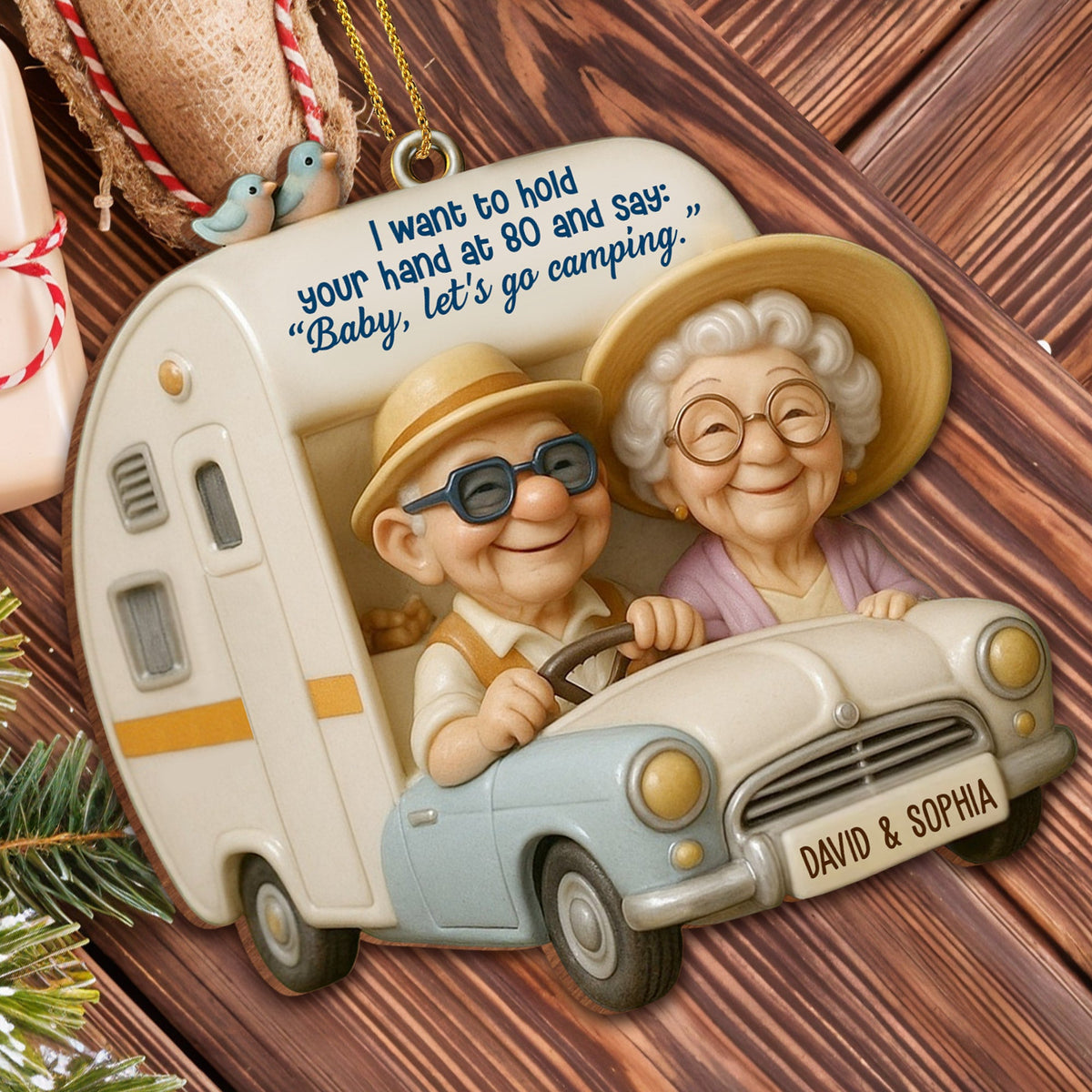 Hold Your Hand At 80, Baby Let s Go Camping, Custom Wood Ornament, Gift For Elderly Couples A