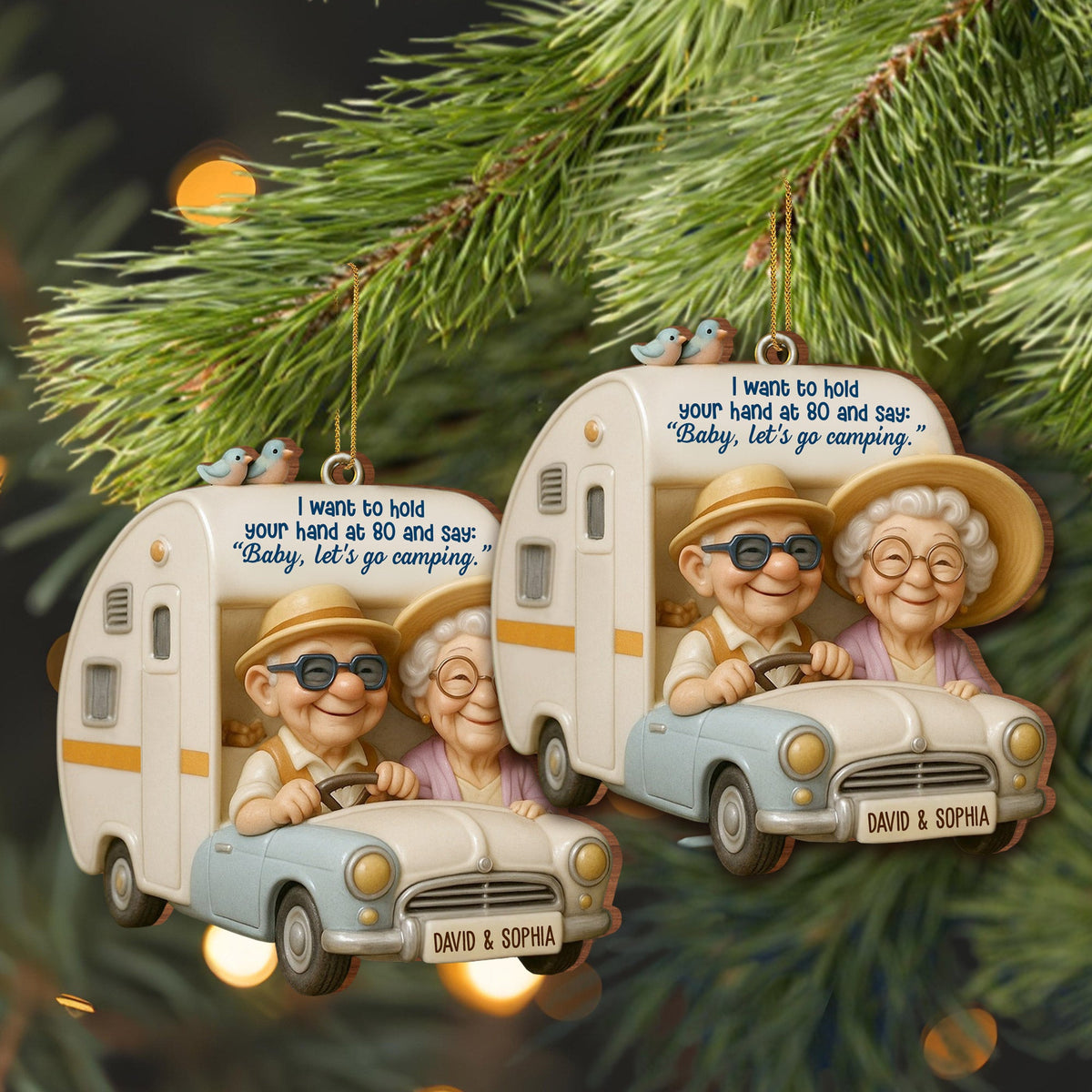 Hold Your Hand At 80, Baby Let s Go Camping, Custom Wood Ornament, Gift For Elderly Couples A