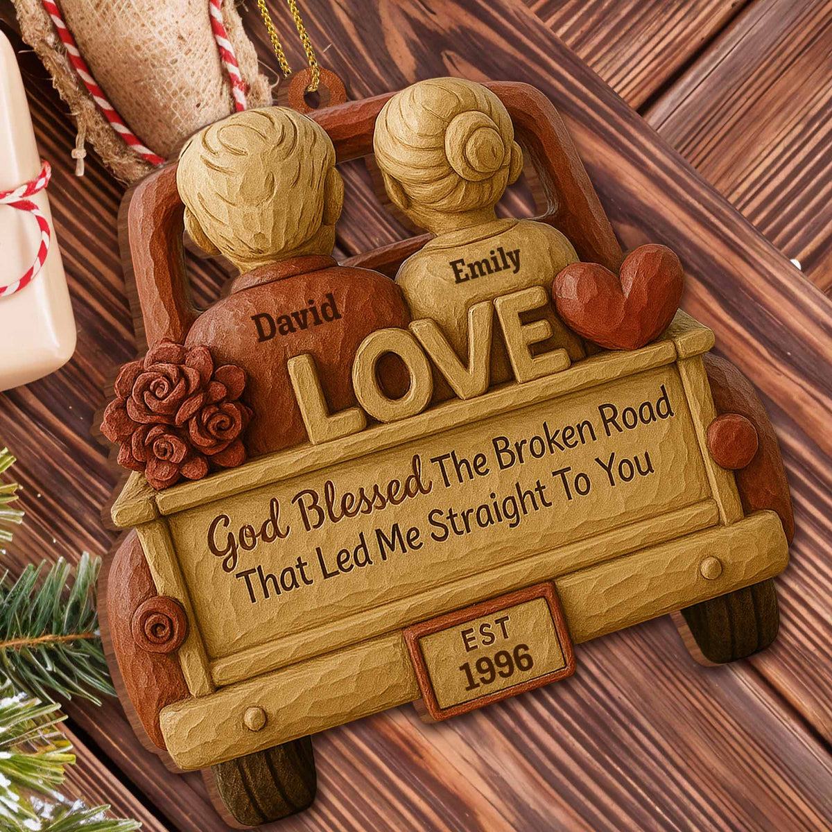 God Blessed The Broken Road, Car And Hearts Design, Personalized Custom Wood Ornament, Gift For Couples