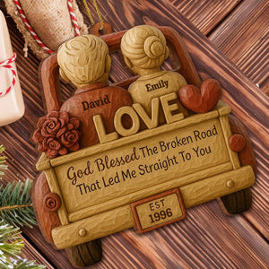 God Blessed The Broken Road, Car And Hearts Design, Personalized Custom Wood Ornament, Gift For Couples