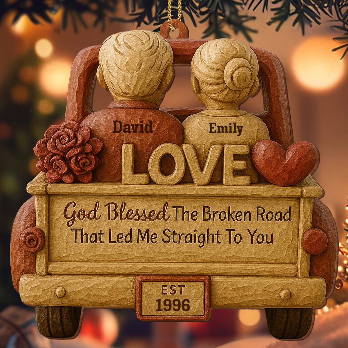 God Blessed The Broken Road, Car And Hearts Design, Personalized Custom Wood Ornament, Gift For Couples