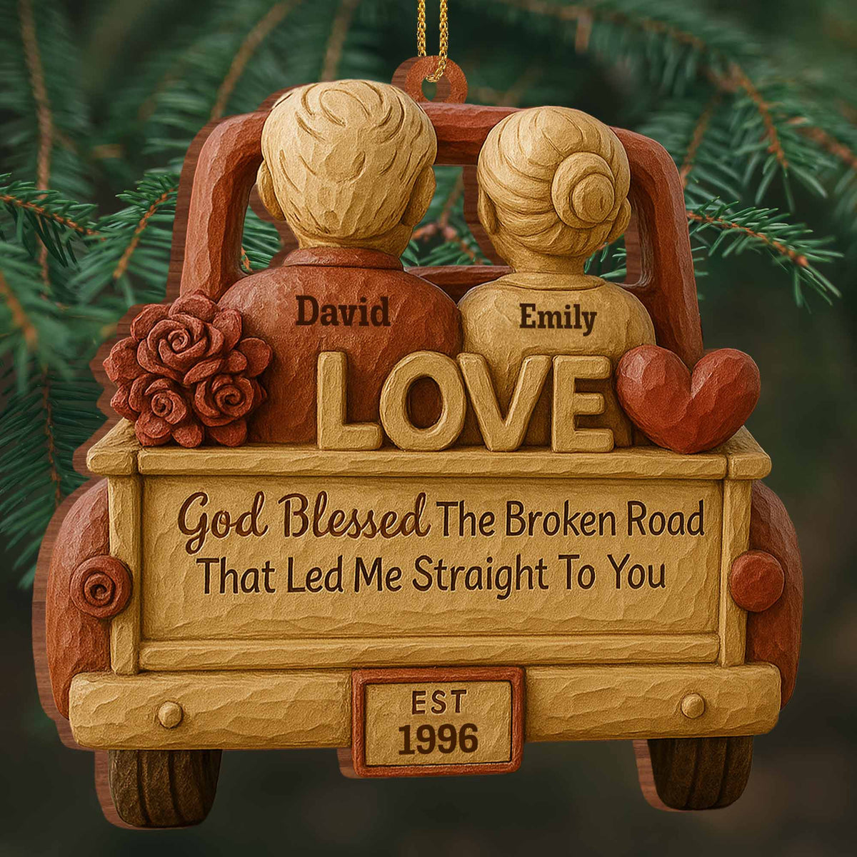 God Blessed The Broken Road, Car And Hearts Design, Personalized Custom Wood Ornament, Gift For Couples