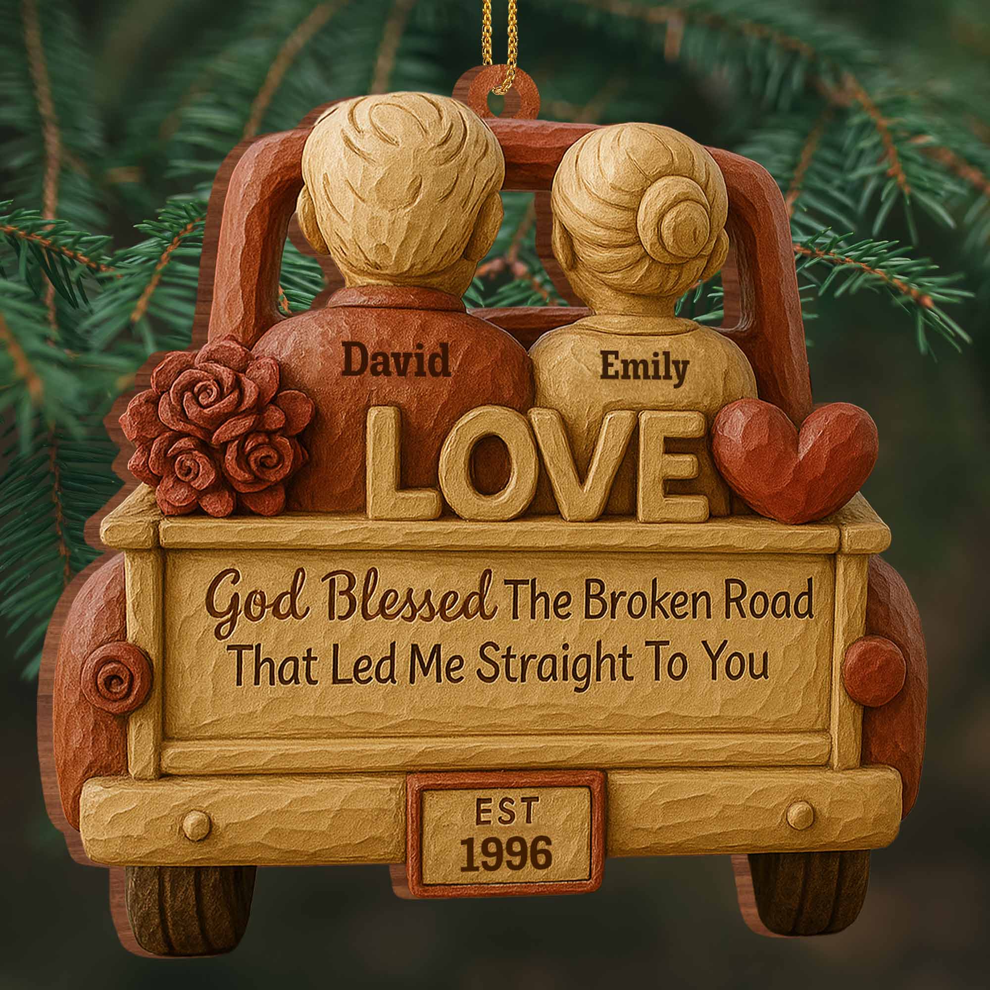 God Blessed The Broken Road, Car And Hearts Design, Personalized Custom Wood Ornament, Gift For Couples