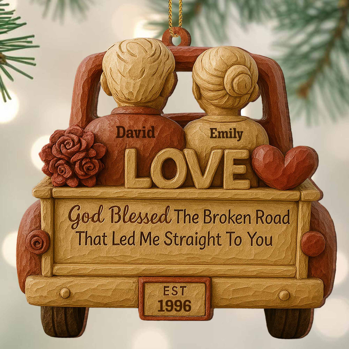 God Blessed The Broken Road, Car And Hearts Design, Personalized Custom Wood Ornament, Gift For Couples