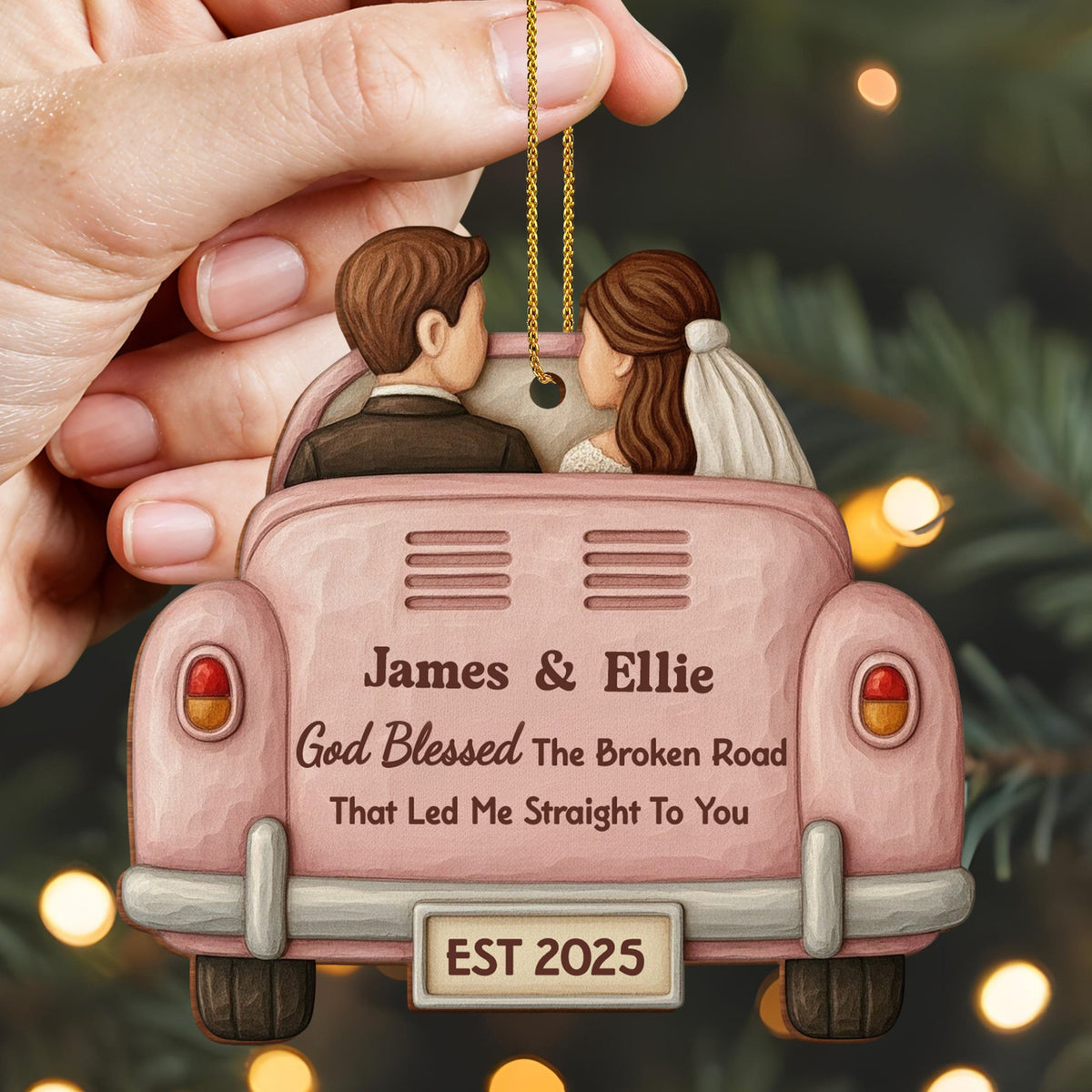 God Blessed The Broken Road, Car And Couple Design, Personalized Wood Ornament, Gift For Couples And Newlyweds