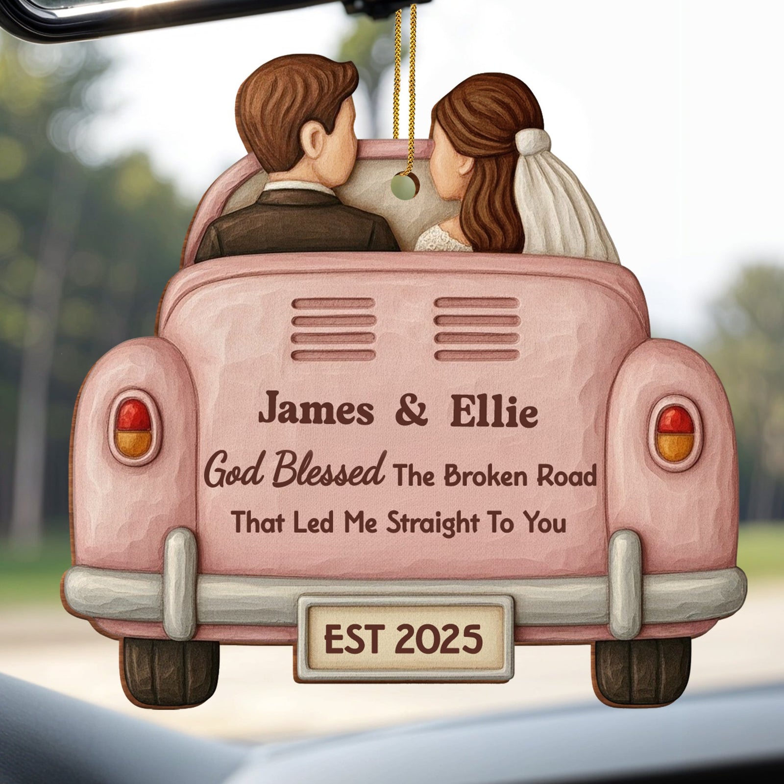 God Blessed The Broken Road, Car And Couple Design, Personalized Wood Ornament, Gift For Couples And Newlyweds