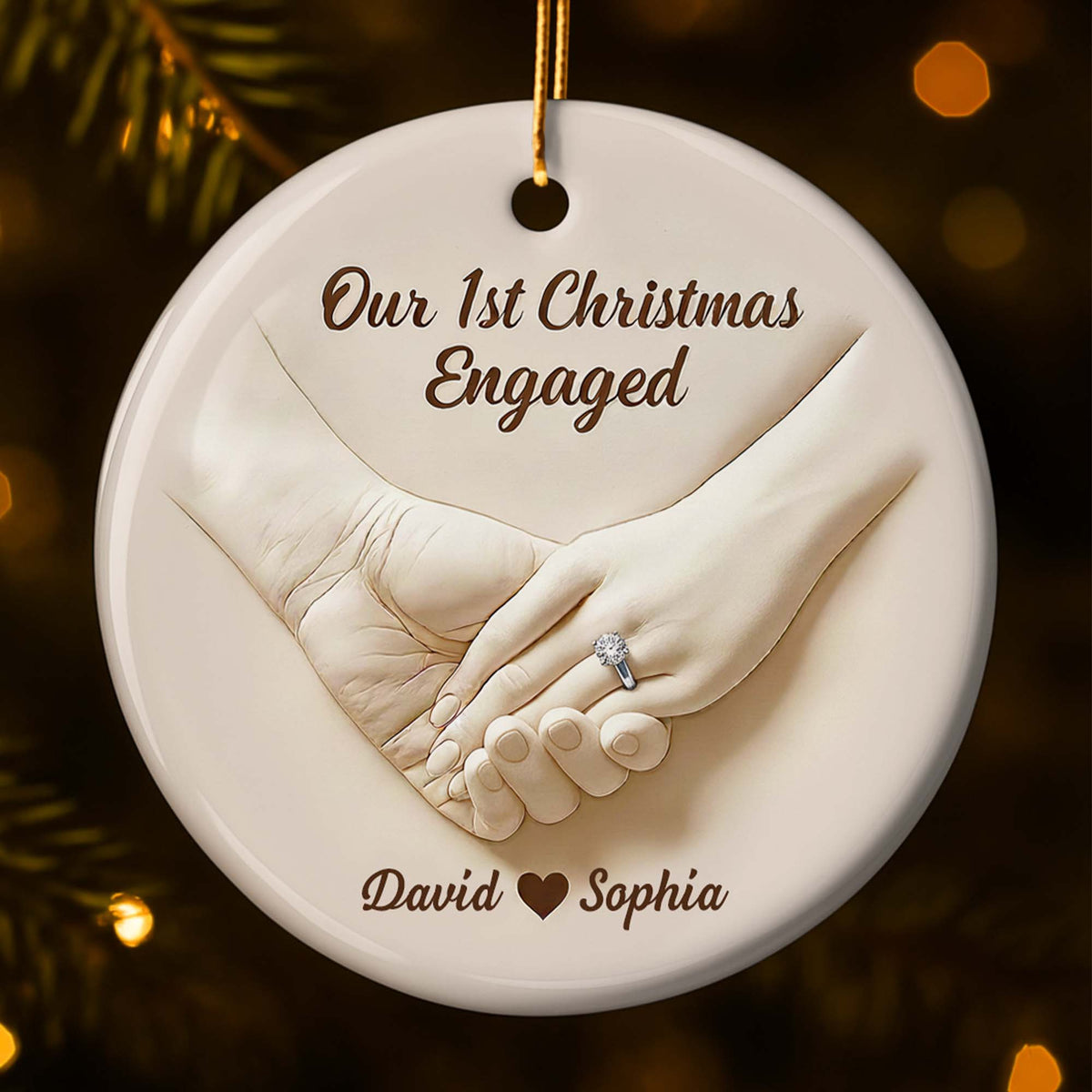 Our 1st Christmas Engaged, Married Hands With Ring, Custom Ceramic Ornament, Gift For Engaged Couples