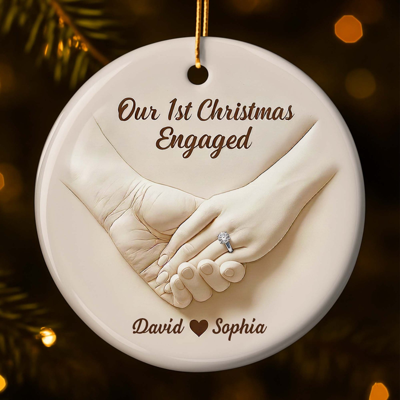 Our 1st Christmas Engaged, Married Hands With Ring, Custom Ceramic Ornament, Gift For Engaged Couples