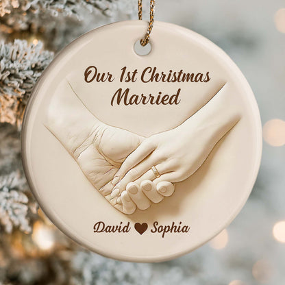 Our 1st Christmas Engaged, Married Hands With Ring, Custom Ceramic Ornament, Gift For Engaged Couples