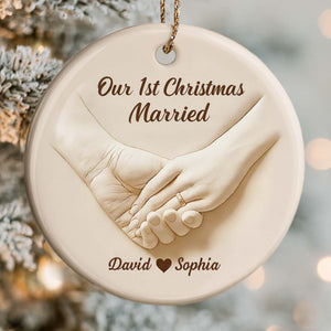 Our 1st Christmas Engaged, Married Hands With Ring, Custom Ceramic Ornament, Gift For Engaged Couples
