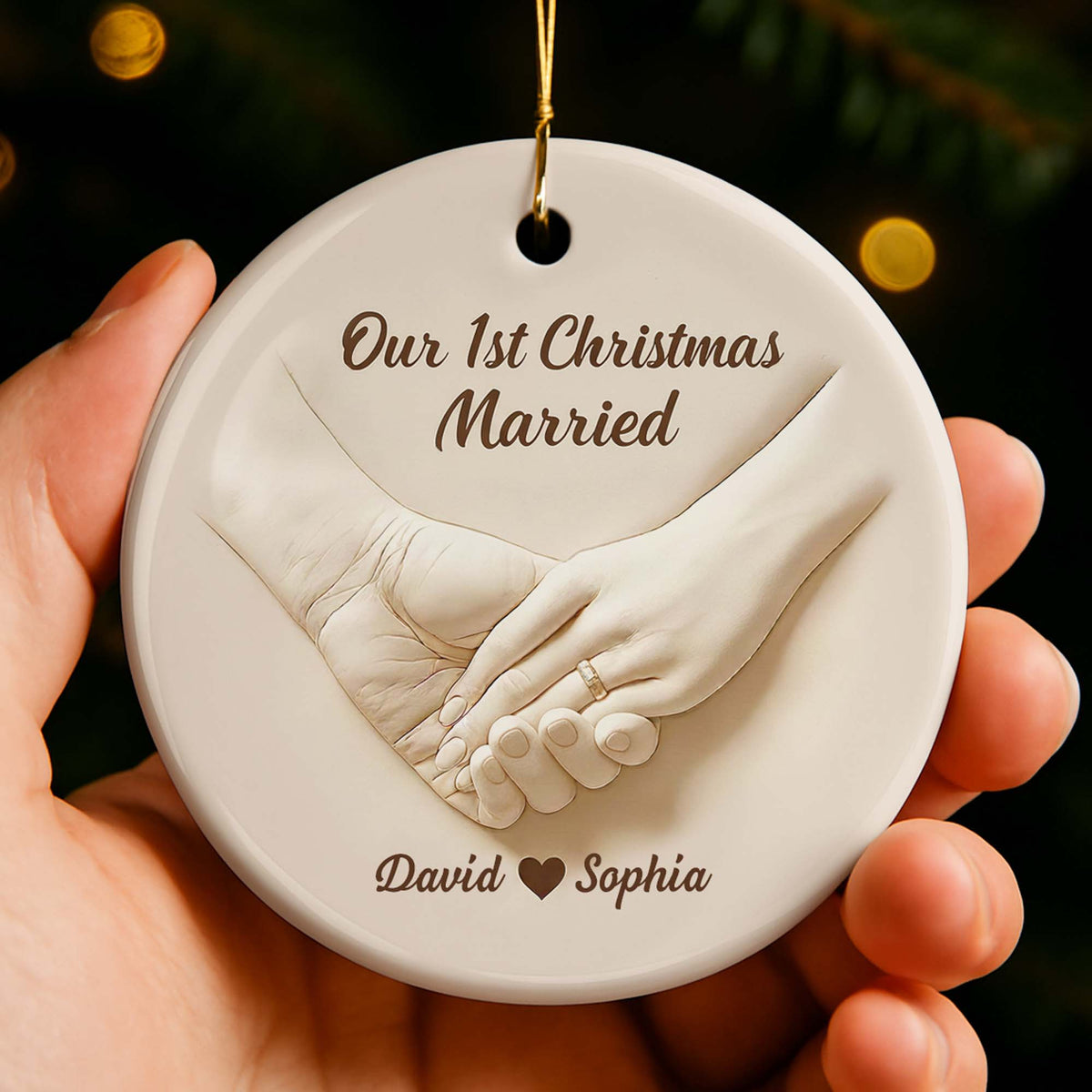 Our 1st Christmas Engaged, Married Hands With Ring, Custom Ceramic Ornament, Gift For Engaged Couples