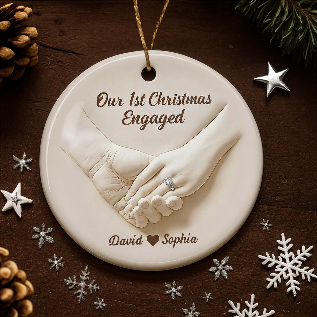 Our 1st Christmas Engaged, Married Hands With Ring, Custom Ceramic Ornament, Gift For Engaged Couples