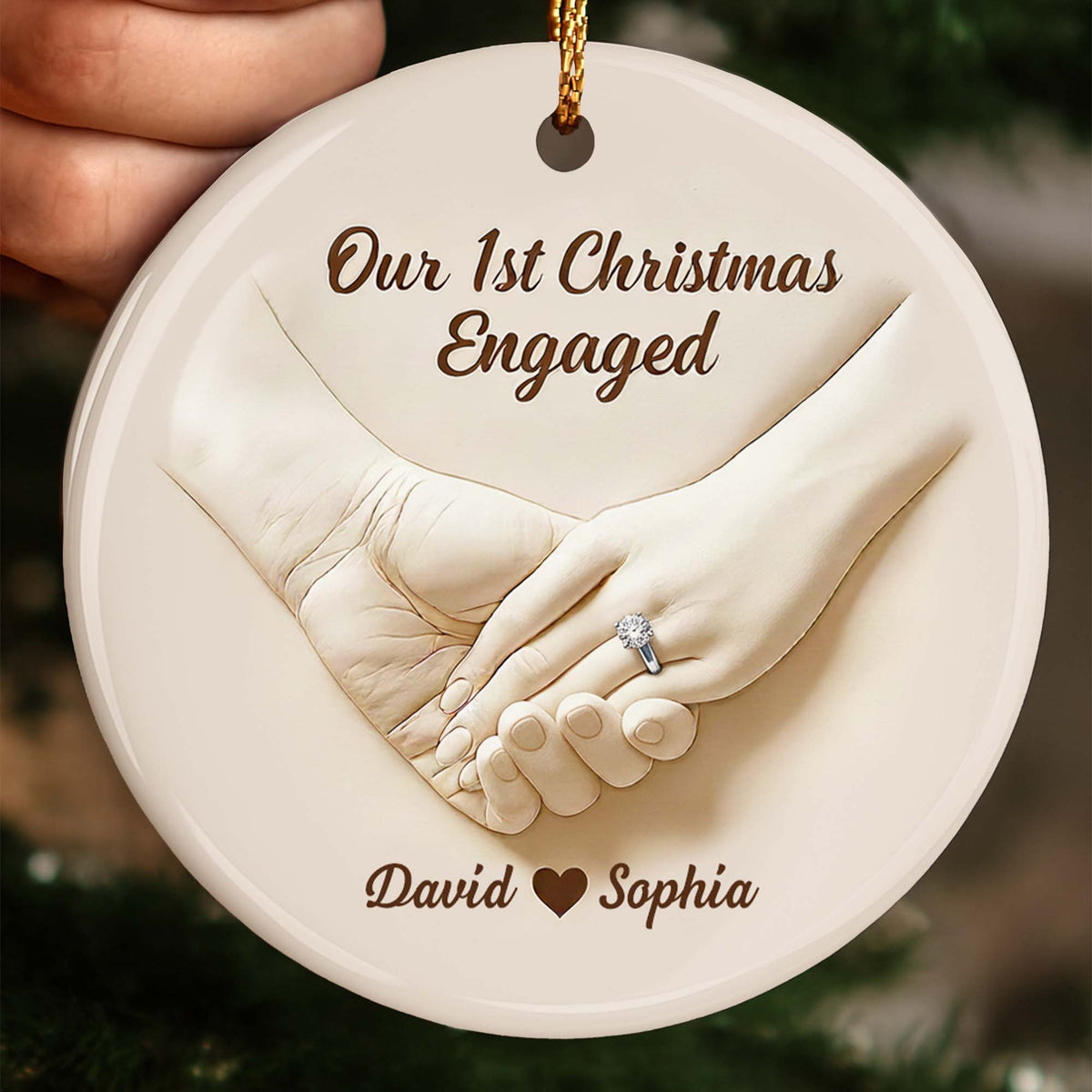 Our 1st Christmas Engaged, Married Hands With Ring, Custom Ceramic Ornament, Gift For Engaged Couples