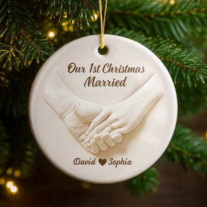 Our 1st Christmas Engaged, Married Hands With Ring, Custom Ceramic Ornament, Gift For Engaged Couples