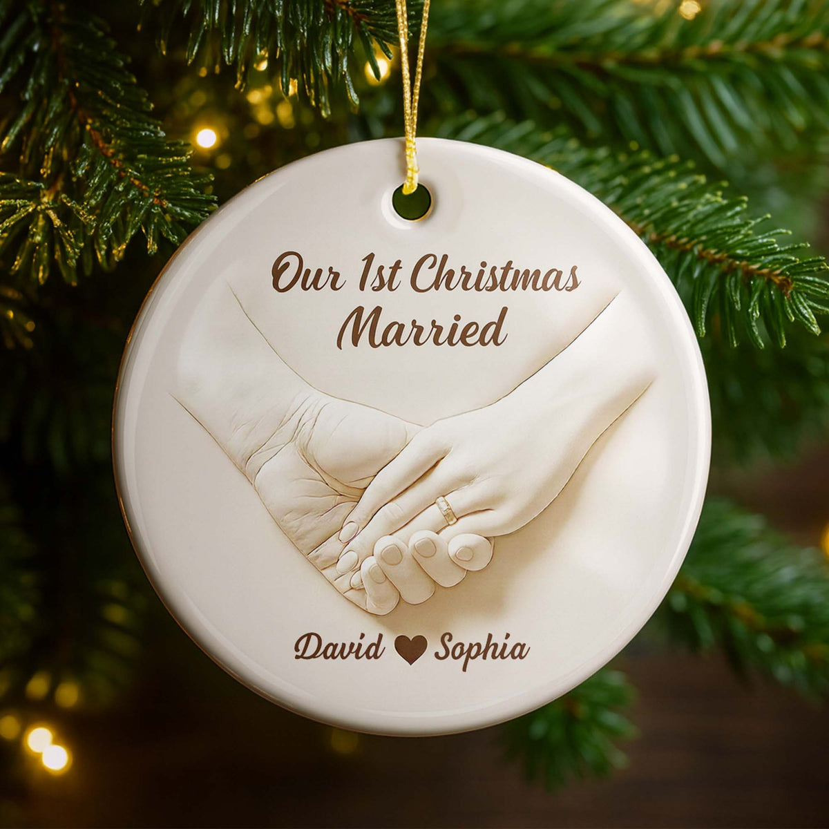 Our 1st Christmas Engaged, Married Hands With Ring, Custom Ceramic Ornament, Gift For Engaged Couples