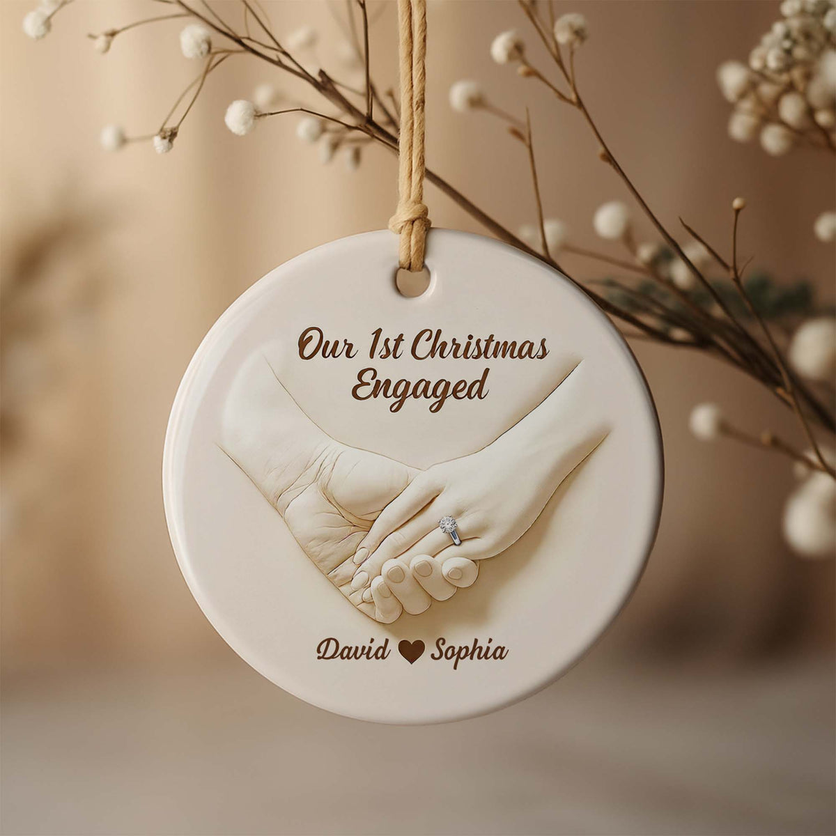 Our 1st Christmas Engaged, Married Hands With Ring, Custom Ceramic Ornament, Gift For Engaged Couples
