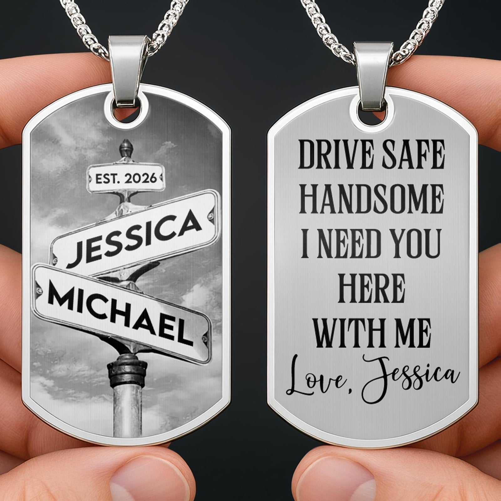 Customizable Street Sign Design Necklace, Personalized Custom Dog Tag Necklace, Gift For Couples