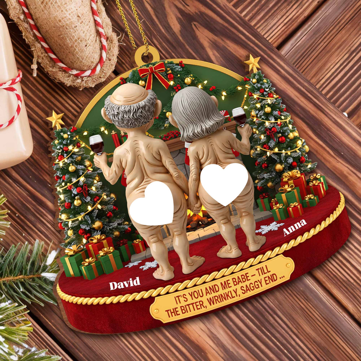 It's You And Me Babe - Till The End, Christmas Tree And Elderly Couple, Custom Wood Ornament, Gift For Couples And Spouses