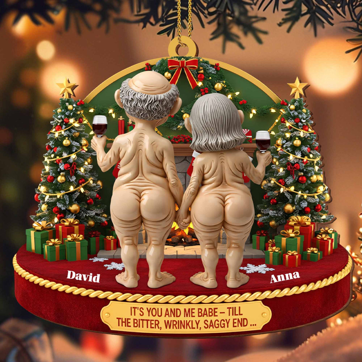 It's You And Me Babe - Till The End, Christmas Tree And Elderly Couple, Custom Wood Ornament, Gift For Couples And Spouses