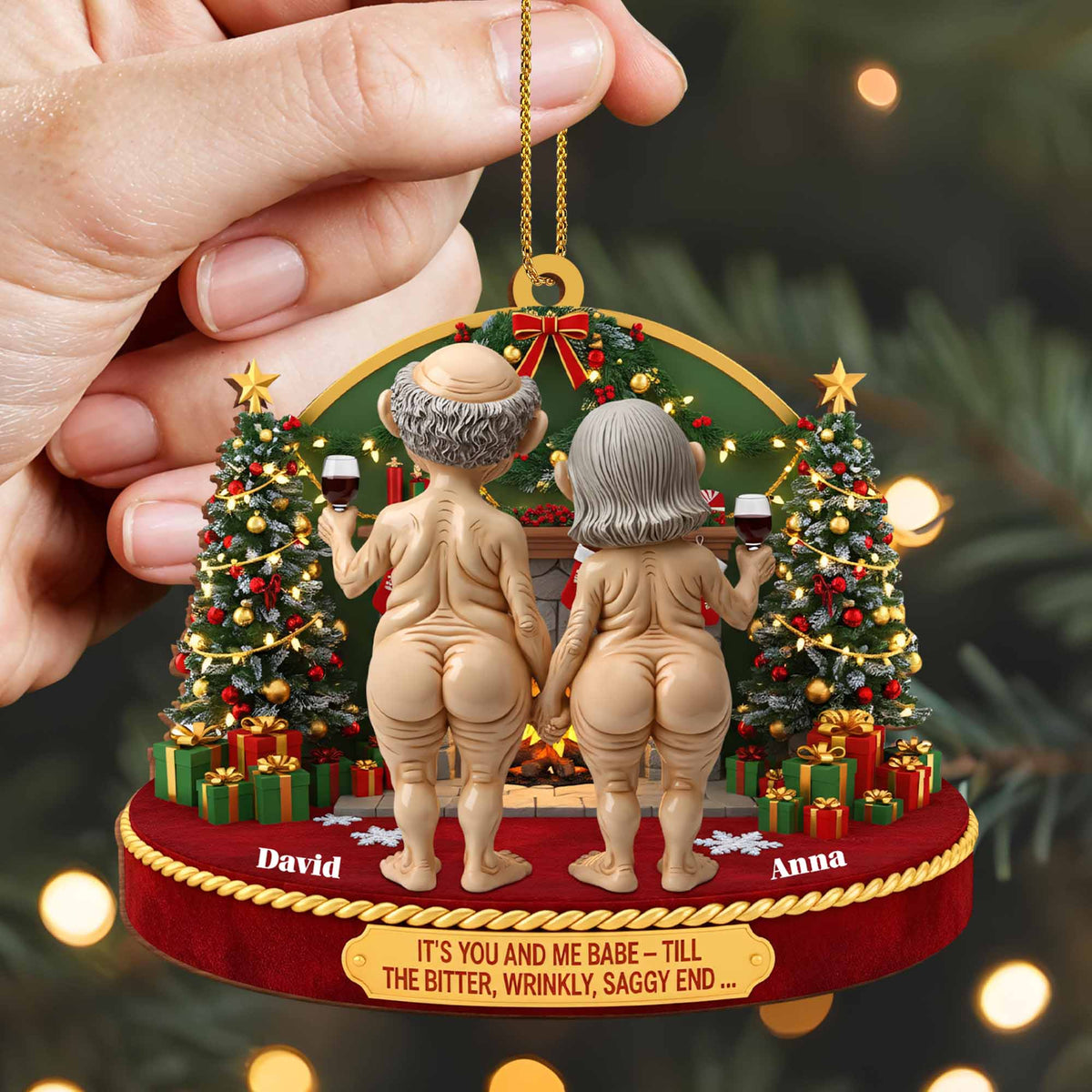 It's You And Me Babe - Till The End, Christmas Tree And Elderly Couple, Custom Wood Ornament, Gift For Couples And Spouses