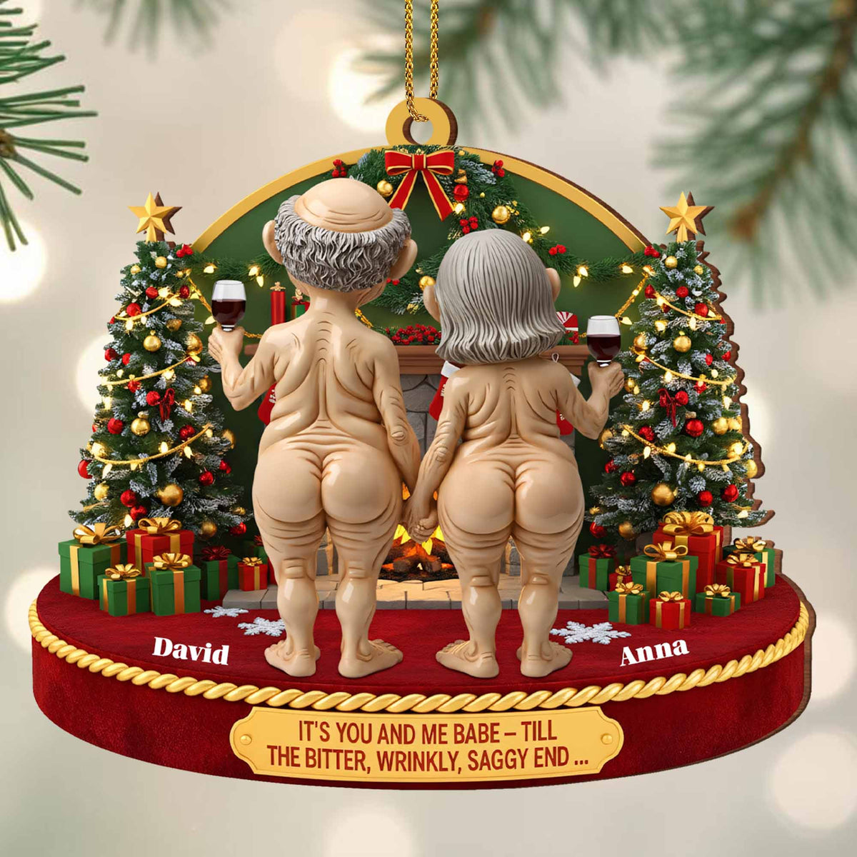 It's You And Me Babe - Till The End, Christmas Tree And Elderly Couple, Custom Wood Ornament, Gift For Couples And Spouses