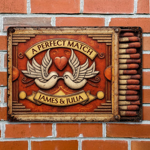 A Perfect Match Featuring Heart, Wings, And Doves, Personalized Metal Sign, Gift For Couples