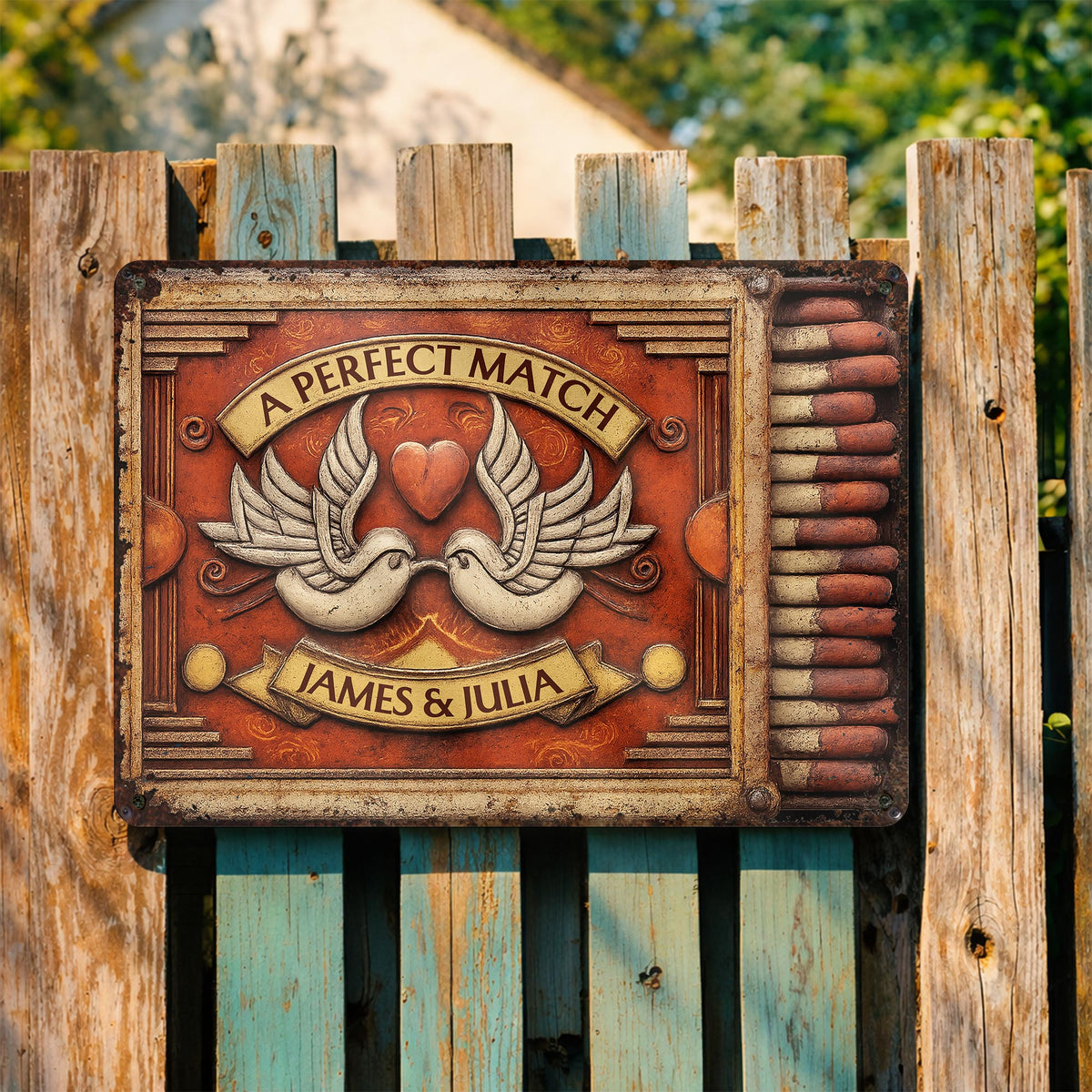 A Perfect Match Featuring Heart, Wings, And Doves, Personalized Metal Sign, Gift For Couples