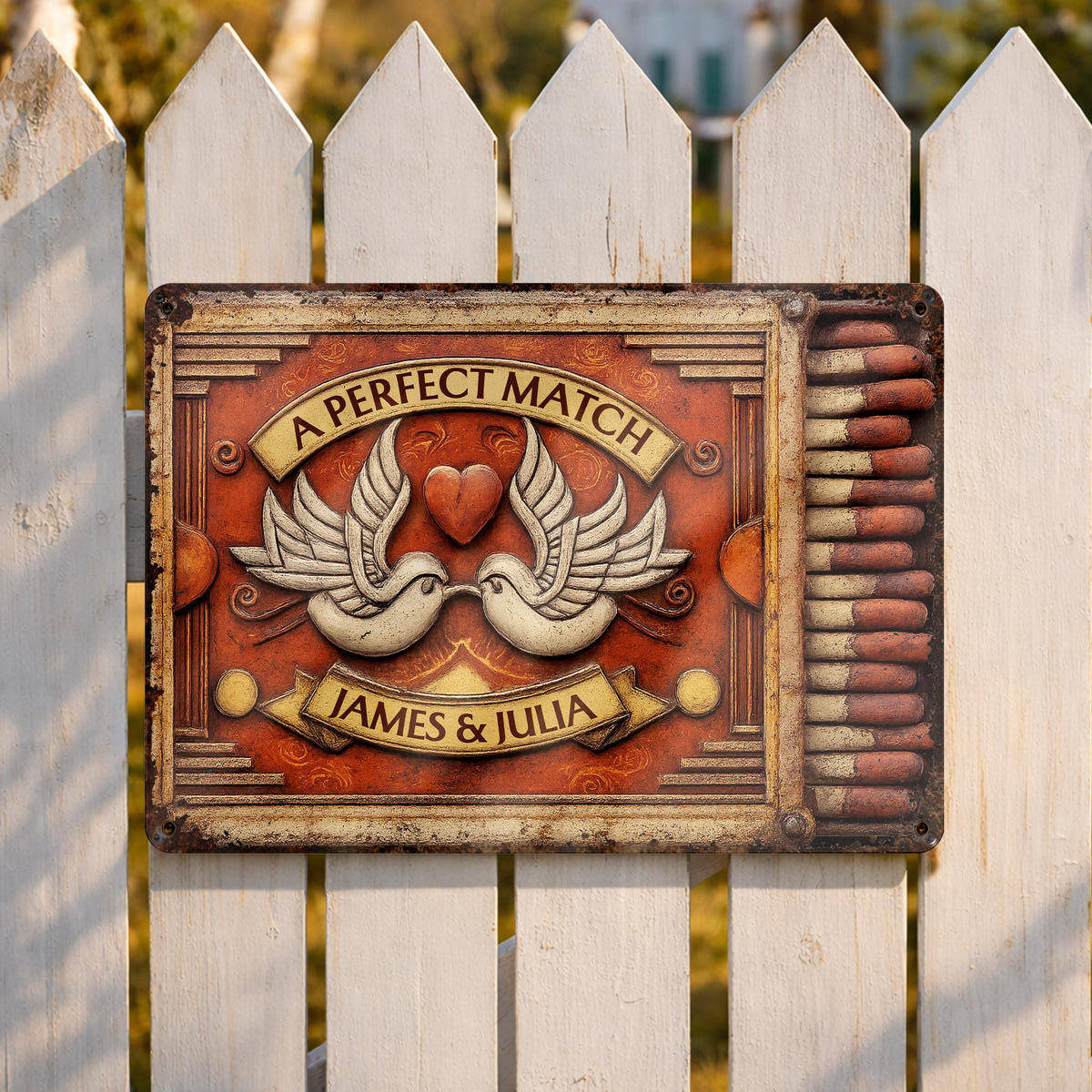 A Perfect Match Featuring Heart, Wings, And Doves, Personalized Metal Sign, Gift For Couples