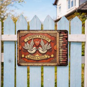 A Perfect Match Featuring Heart, Wings, And Doves, Personalized Metal Sign, Gift For Couples