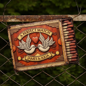 A Perfect Match Featuring Heart, Wings, And Doves, Personalized Metal Sign, Gift For Couples