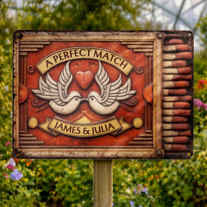 A Perfect Match Featuring Heart, Wings, And Doves, Personalized Metal Sign, Gift For Couples