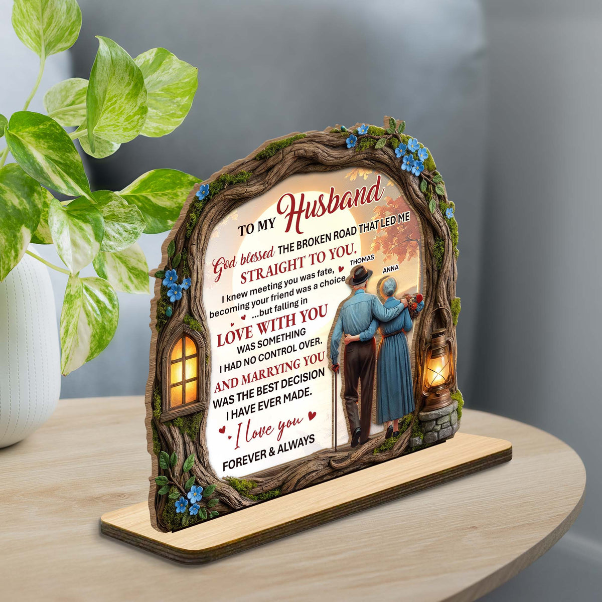To My Husband, Tree And Lantern Design, Personalized Wood Plaque, Gift For Husband
