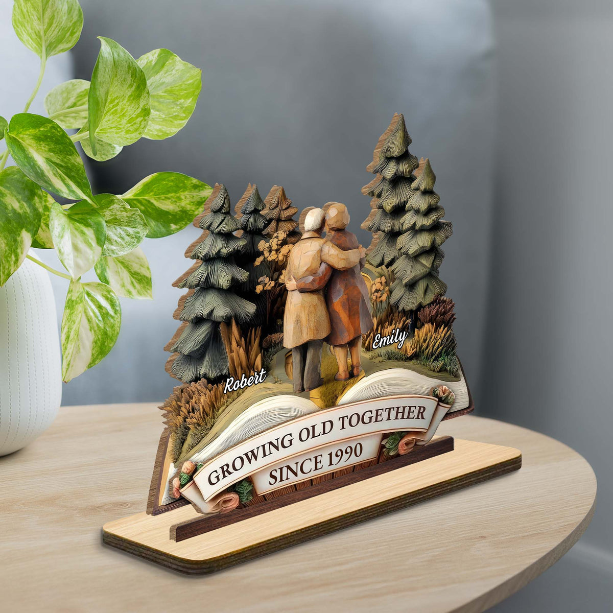 Growing Old Together With Couple And Trees, Personalized Wood Plaque, Gift For Couples And Parents