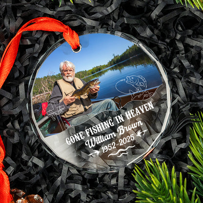 Gone Fishing In Heaven Personalized Glass Ornament, Custom Name and Year