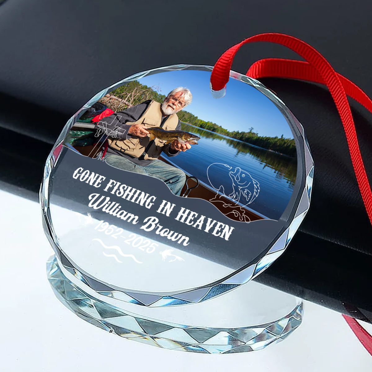 Gone Fishing In Heaven Personalized Glass Ornament, Custom Name and Year