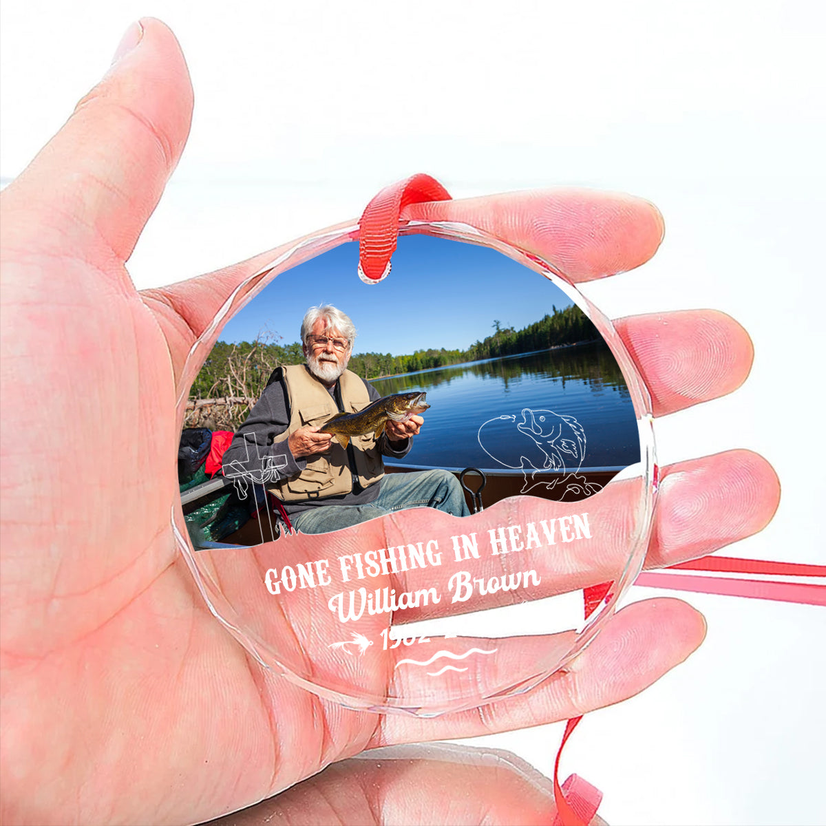 Gone Fishing In Heaven Personalized Glass Ornament, Custom Name and Year